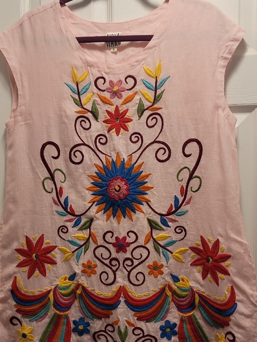 Sister Mary Embroidered Pink Floral Tunic Linen Dress Sz Small - Picture 3 of 6